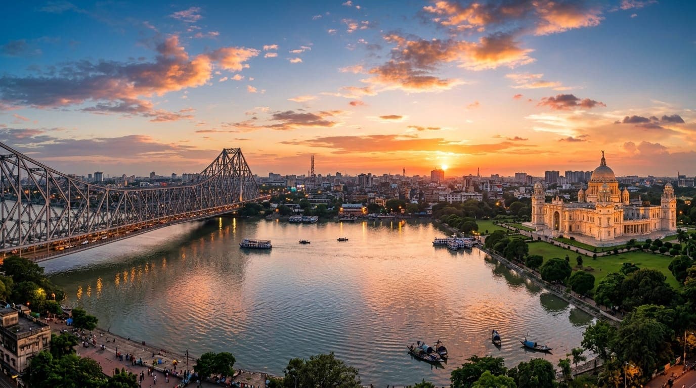 Kolkata skyline with Howrah Bridge and Victoria Memorial