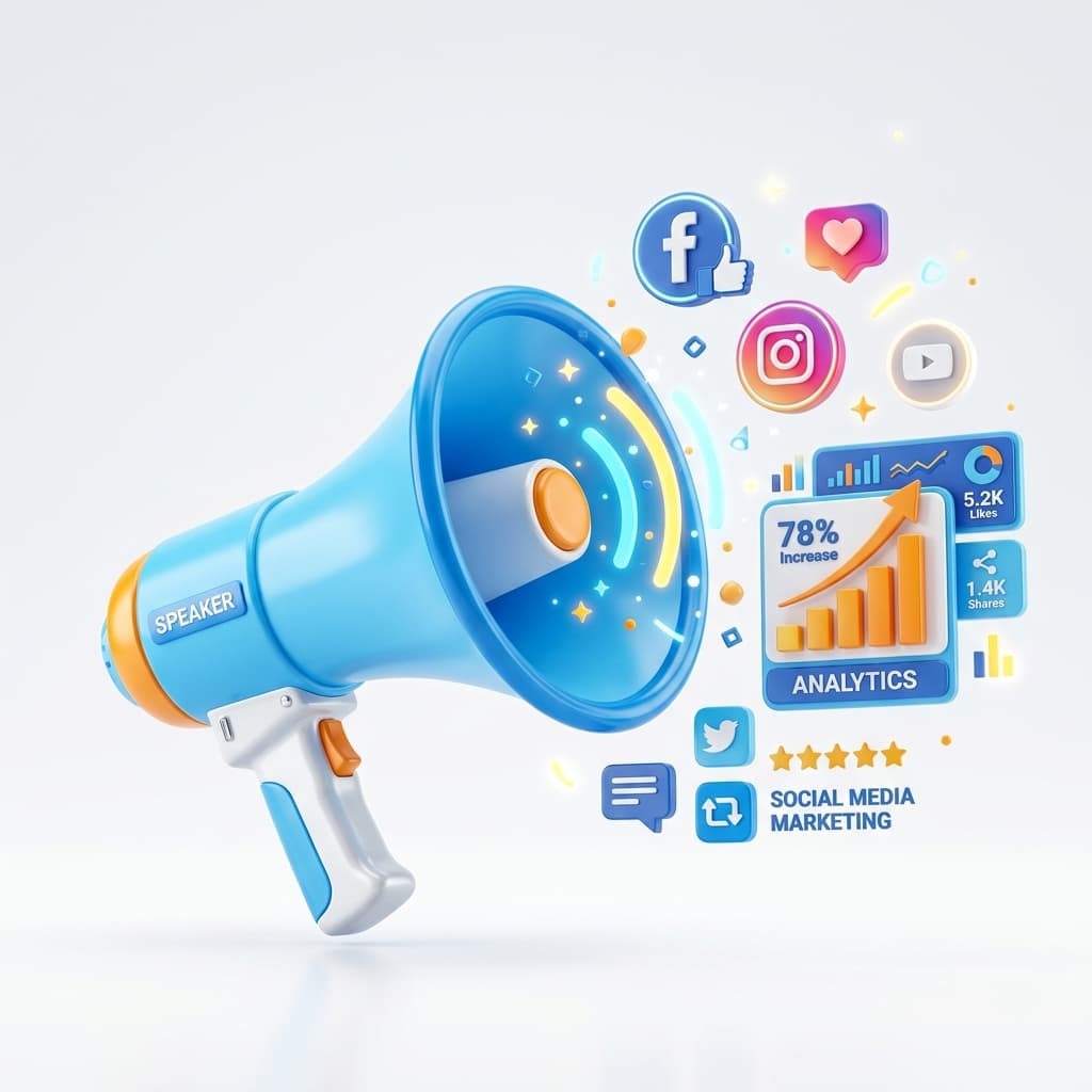 Digital Marketing 3D Megaphone and Analytics