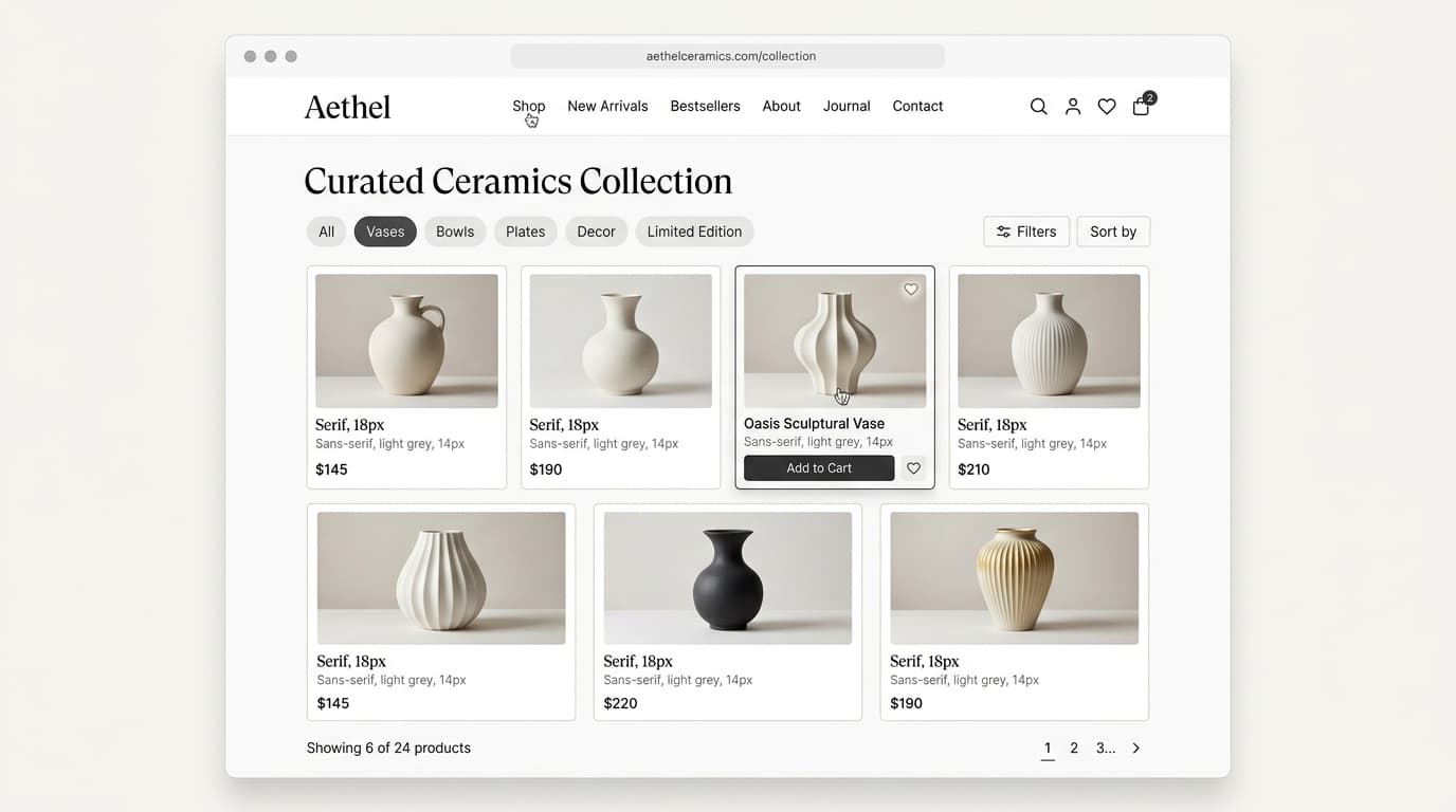 Aethel Curated Ceramics Luxury Fashion E-commerce UI