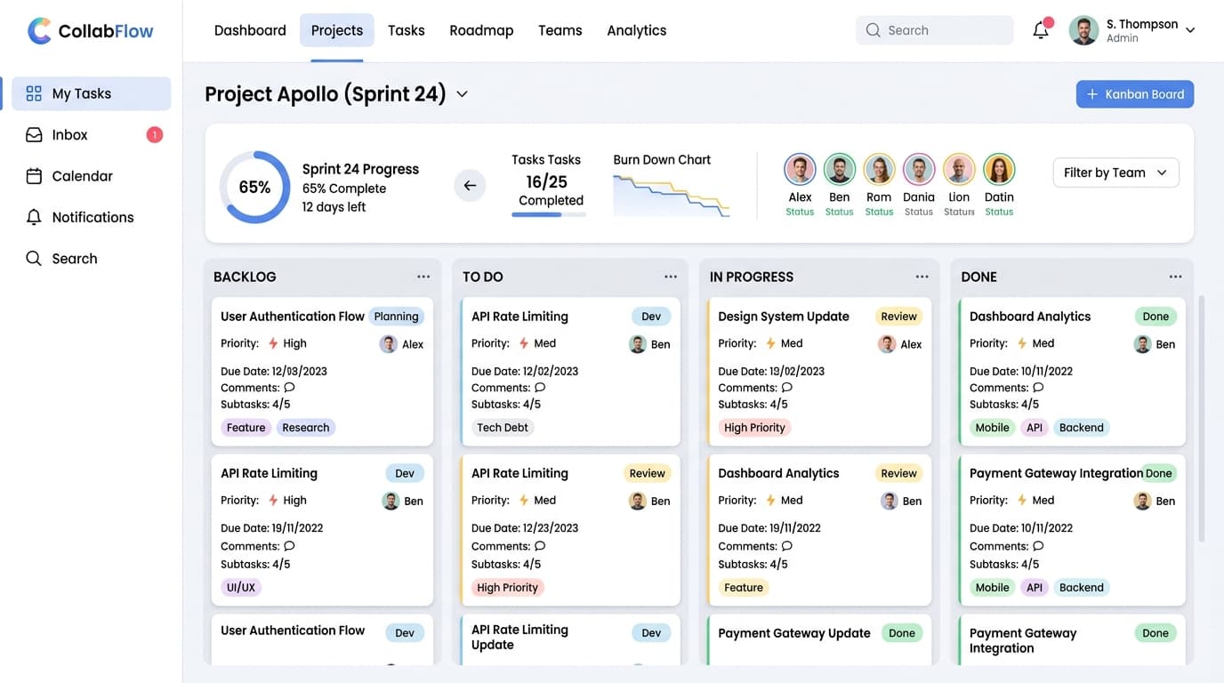 CollabFlow Agile Sprint and Workflow Web App Interface