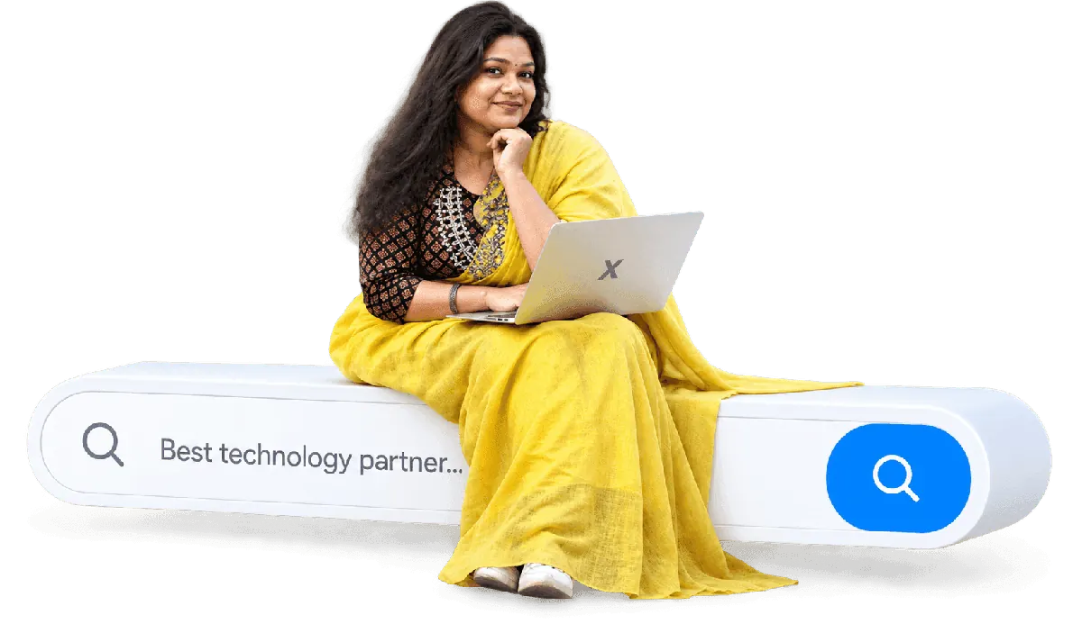 Woman with laptop on XSPACEWEB technology partner search podium